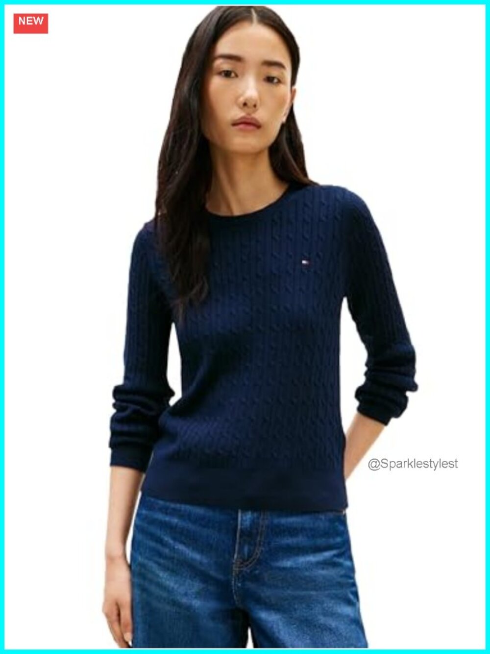 100% Cotton Cable Knit Crew Neck Lightweight Pullover Sweater